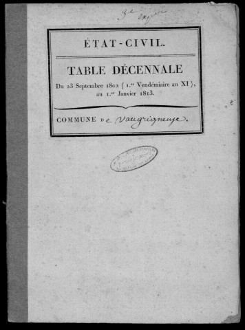 VAUGRIGNEUSE. Tables décennales (1802-1902). 