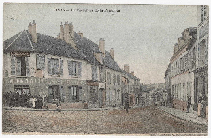 LINAS. - Le carrefour de la fontaine (1907), 6 lignes, 10 c, ad., coloriée. 