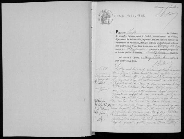 SAVIGNY-SUR-ORGE. Naissances, mariages, décès : registre d'état civil (1883-1889). 