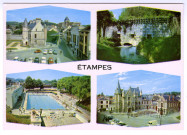 ETAMPES. - Divers aspects de la ville (Mairie, place de la mairie, piscine, fortifications), s.d. Editeur Raymon, Paris, couleur. 