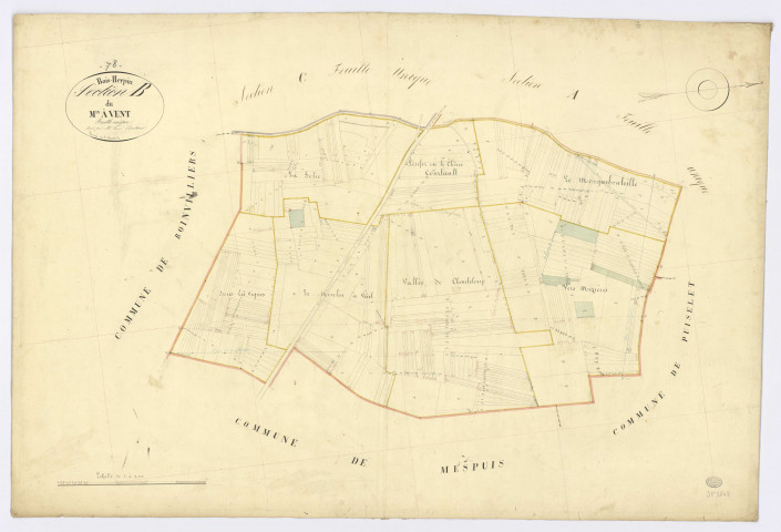 BOIS-HERPIN. - Section B - Moulin à vent (le), ech. 1/2500, coul., aquarelle, papier, 69x100 (1832). 