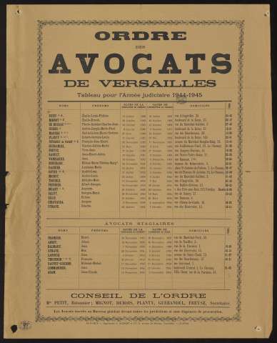 VERSAILLES [Yvelines]. - Liste des avocats titulaires et stagiaires, année judiciaire 1944-1945, Conseil de l'Ordre des Avocats de Versailles, 1944. 