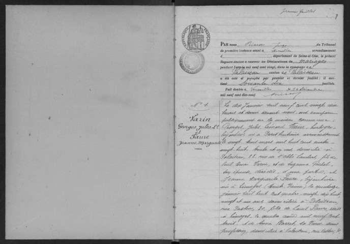 PALAISEAU. - Mariages : registre d'état civil.