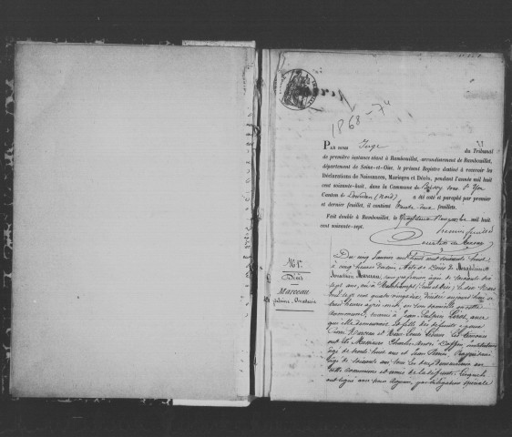 BOISSY-SOUS-SAINT-YON. Naissances, mariages, décès : registre d'état civil (1868-1874). 