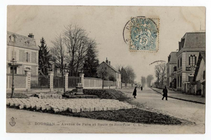 DOURDAN. - Avenue de Paris et route de Roinville. CLC (1905), 3 lignes, 5 c, ad. 