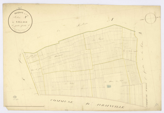 BOISSY-SOUS-SAINT-YON. - Section A - Village (le), 2, ech. 1/1250, coul., aquarelle, papier, 68x98 (1826). 