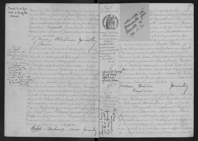 ANGERVILLE.- Naissances, mariages, décès : registre d'état civil (1906-1912). 