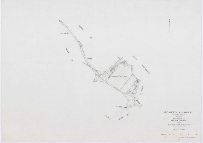 GOMETZ-LE-CHATEL, plans minutes de conservation : tableau d'assemblage,1935, Ech. 1/10000 ; plans des sections B1, E1, 1935, Ech. 1/1250, sections A, B2, C1, D1, 1935, Ech. 1/2500, sections ZA, ZB, ZC, ZD, 1984, Ech. 1/2000. Polyester. N et B. Dim. 105 x 80 cm [11 plans]. 