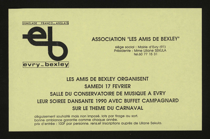 EVRY. - Jumelage franco-anglais Evry-Bexley. Les amis de Bexley organisent une soirée dansante sur le thème du carnaval, Salle du conservatoire de musique, 17 février 1990. 