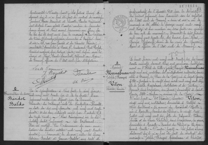 BRUNOY.- Mariages : registre d'état civil (1936). 