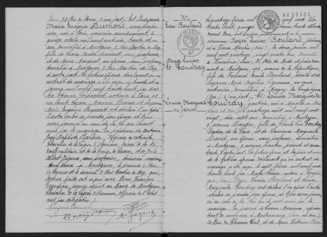 MONTGERON. - Mariages : registre d'état civil.