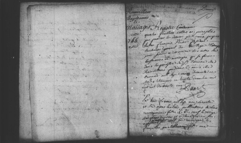 ROINVILLIERS. Paroisse Saint-Etienne : Baptêmes, mariages, sépultures : registre paroissial (1766-1789). 