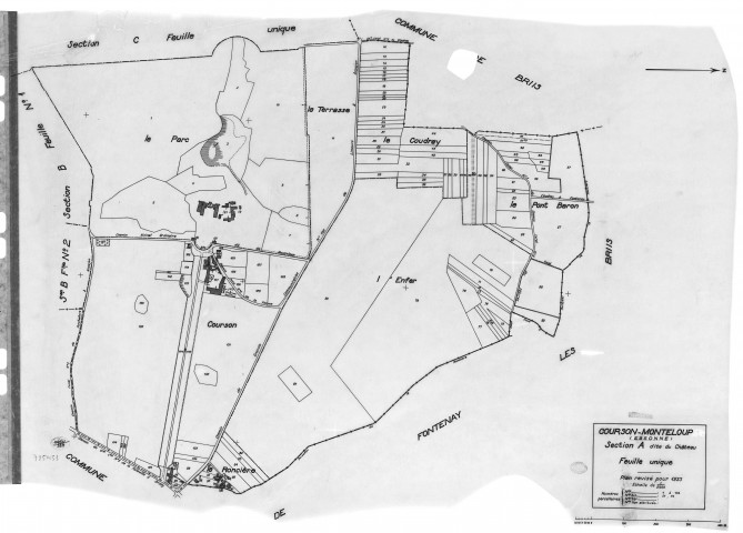 COURSON-MONTELOUP.- Cadastre révisé pour 1933 : plan du tableau d'assemblage, plans de la section A le Château, section B Monteloup 1ère feuille, idem 2ème feuille, [4 plans]. 