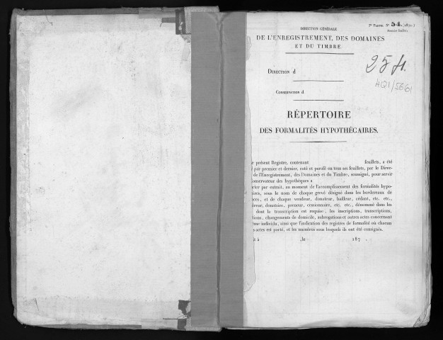 Conservation des hypothèques de CORBEIL. - Répertoire des formalités hypothécaires, volume n° 254 : A-Z (registre ouvert vers 1870). 