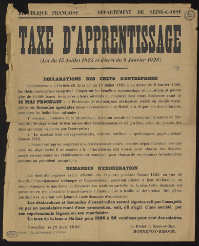 Seine-et-Oise [Département]. - Taxe d'apprentissage. Déclarations et demandes d'exonérations pour les chefs d'entreprises : informations, conditions, 26 avril 1926. 
