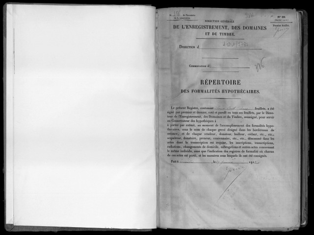 Conservation des hypothèques de CORBEIL. - Répertoire des formalités hypothécaires, volume n° 386 : A-Z (registre ouvert en 1913). 