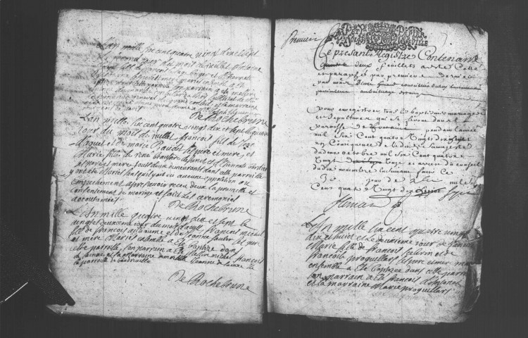 FONTAINE-LA-RIVIERE. Paroisse Saint-Etienne : Baptêmes, mariages, sépultures : registre paroissial (1697-1760). [Lacunes : B.M.S. (1699-1701, 1706-1718, 1730). Relié en désordre (1702-1705, 1749)). 
