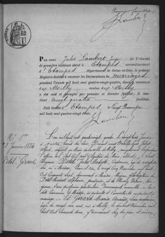 MILLY-LA-FORET.- Mariages : registre d'état civil (1884-1890). 