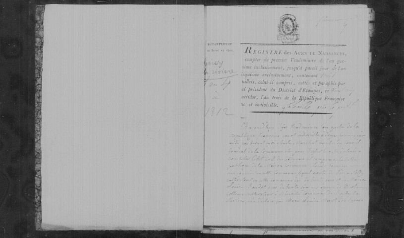 BOISSY-LA-RIVIERE. Naissances, mariages, décès : registre d'état civil (an IV-1812). [M. (an VII et les six premiers mois de l'an VIII), voir 4E2451]. 