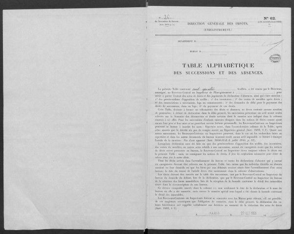 PALAISEAU - Bureau de l'enregistrement. - Table des successions (1962). 