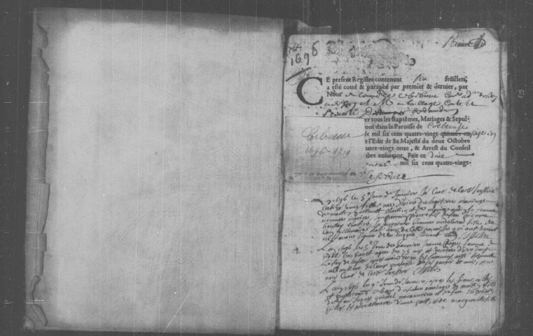 CORBREUSE. Paroisse Notre-Dame : Baptêmes, mariages, sépultures : registre paroissial (1696-1719). 