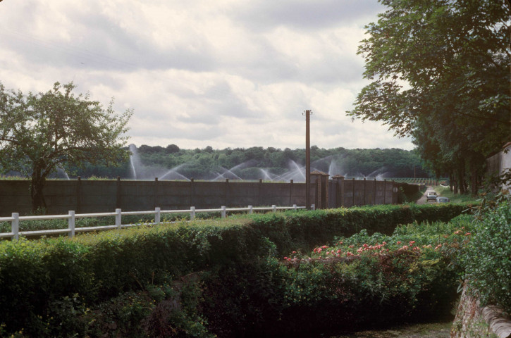 CHEPTAINVILLE. - Domaine de Cheptainville, plantations, arrosoirs en action le long de la route reliant CHEPTAINVILLE à LARDY ; couleur ; 5 cm x 5 cm [diapositive] (1963). 