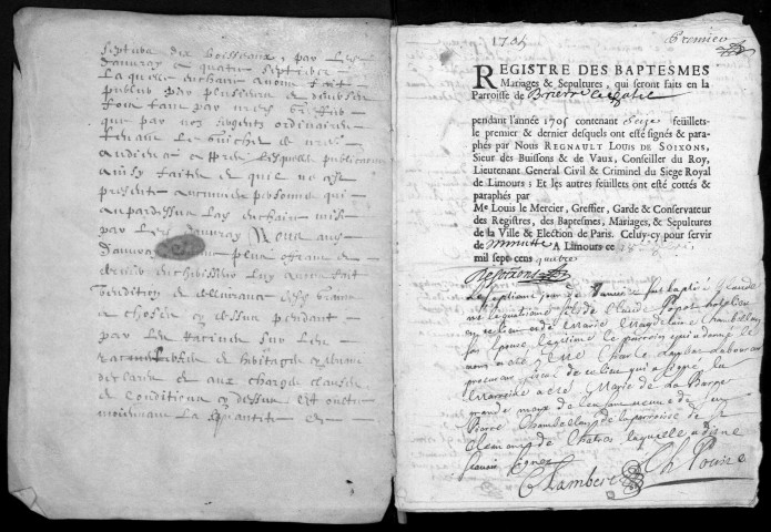 BRUYERES-LE-CHATEL. - Registre parossial : registre des baptêmes, mariages et sépultures (1705-1716). 
