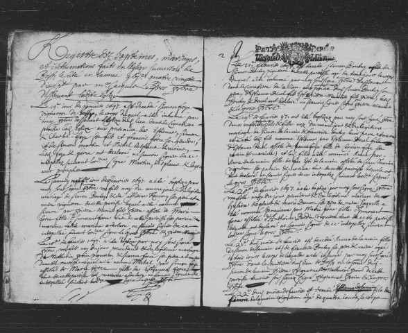 BOISSY-LE-CUTTE. Paroisse Saint-Michel : Baptêmes, mariages, sépultures : registre paroissial (1697-1784). Lacunes : BMS (1698-1701, 1705-1730, 1770). Relié en désordre (1697 et 1702-1704). 