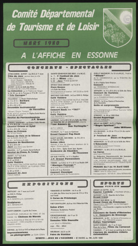 EVRY.- A l'affiche en Essonne : programme culturel, Comité départemental de tourisme et de loisirs, mars 1980. 