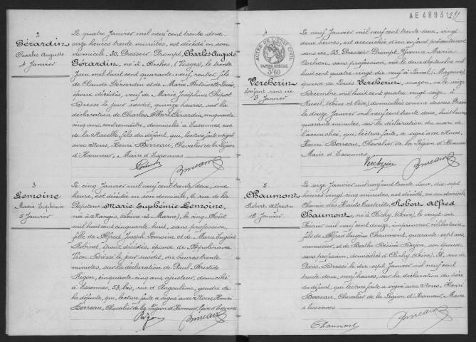 ESSONNES.- Décès : registre d'état civil. 