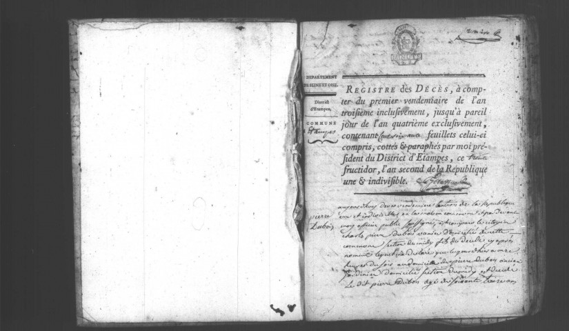 ETAMPES. Décès : registre d'état civil (an III). 