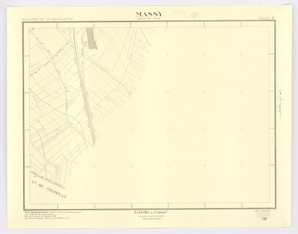 Plan topographique de MASSY dressé en 1945 par R. CHOQUARD, géomètre, mis à jour et dessiné par R. COLIN, géomètre-expert, feuille 6, Ministère de la Construction, 1960. Ech. 1/2.000. N et B. Dim. 0,60 x 0,77. 