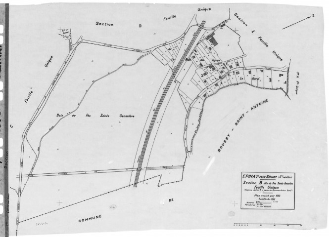 EPINAY-SOUS-SENART.- Cadastre révisé pour 1935 : plans de la section B le Pas de Sainte Geneviève, section E le Village, [2 plans]. 
