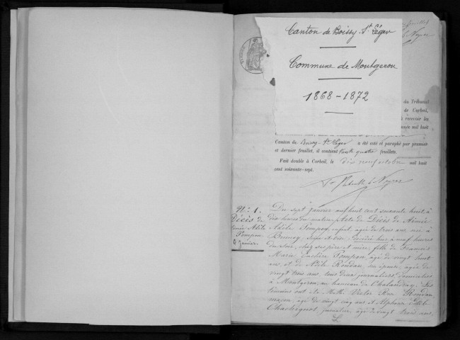 MONTGERON. Naissances, mariages, décès : registre d'état civil (1868-1872). 
