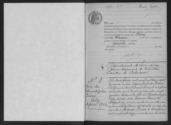 BIEVRES.- Naissances, mariages, décès : registre d'état civil (1916-1917). 