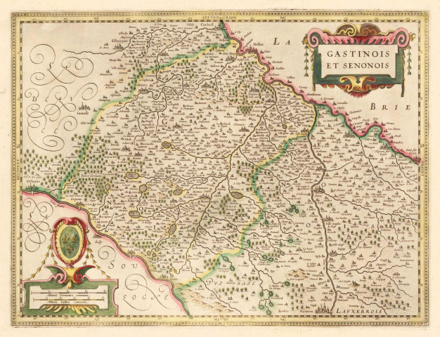 Carte des GASTINOIS et SENONOIS, par HONDIUS, [s.l.], 1633. Ech. 8,3 cm = 5 milles gaulois communs. Coul. Dim. 0,49 x 0,37. 
