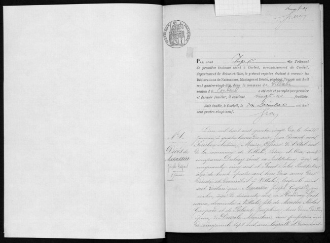 VILLABE. Naissances, mariages, décès : registre d'état civil (1890-1896). 