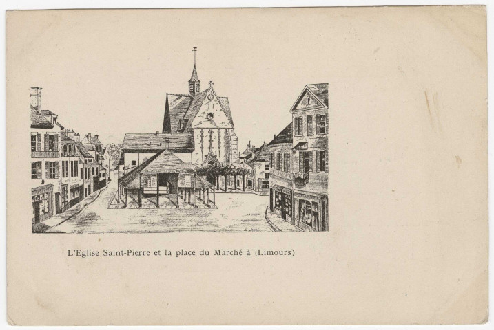 LIMOURS-EN-HUREPOIX. - Eglise Saint-Pierre et la place du marché. Dessin. 