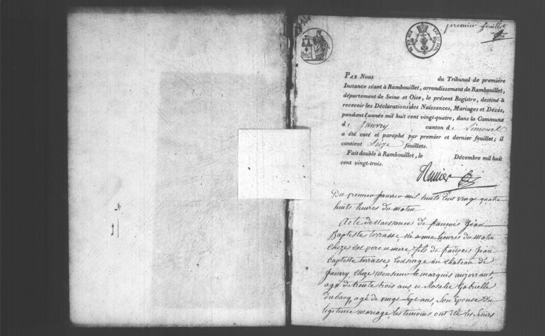 JANVRY. Naissances, mariages, décès : registre d'état civil (1824-1835). 