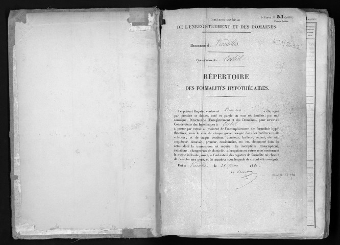 Conservation des hypothèques de CORBEIL. - Répertoire des formalités hypothécaires, volume n° 225 : A-Z (registre ouvert en 1860). 