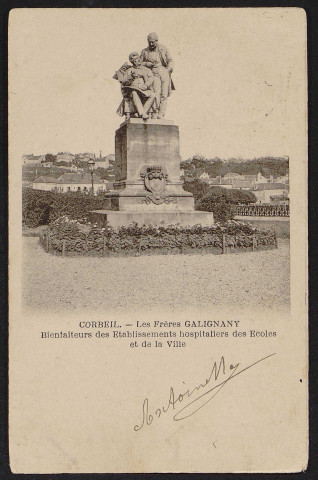 Corbeil-Essonnes.- Statue des frères Galignani, bienfaiteurs des établissements hospitaliers des écoles et de la ville (9 août 1902). 