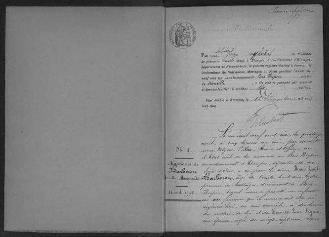 BOIS-HERPIN.- Naissances, mariages, décès : registre d'état civil (1906-1919). 