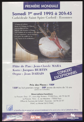 CORBEIL-ESSONNES. - Concert exceptionnel : flûte de pan, kora, orgue, Cathédrale Saint-Spire, 1er avril 1995. 