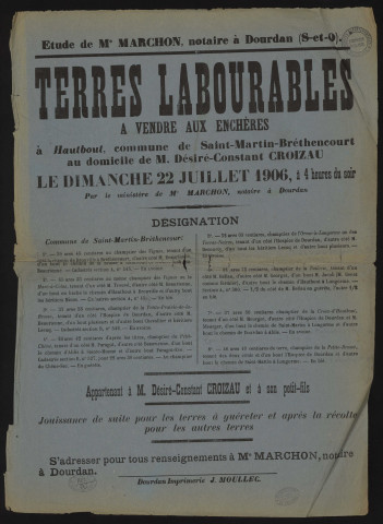 SAINT-MARTIN-DE-BRETHENCOURT (Yvelines).- Vente aux enchères de terres labourables appartenant à M. Désiré-Constant CROIZAU, 22 juillet 1906. 