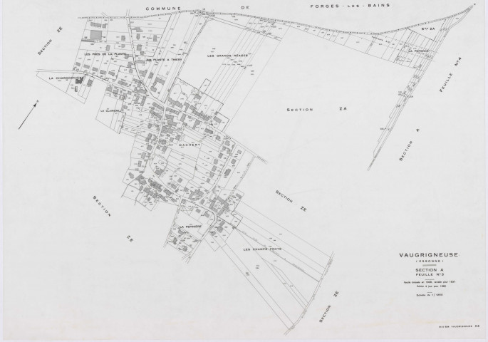VAUGRIGNEUSE, plans minutes de conservation : tableau d'assemblage,1937, Ech. 1/10000 ; plans des sections A3, A4, B2, C3, C5, 1937, Ech. 1/1250, sections B1, C1, 1937, Ech. 1/2500, sections ZA, ZB, ZC, ZD, ZE, 1978, Ech. 1/2000. Polyester. N et B. Dim. 105 x 80 cm [13 plans]. 