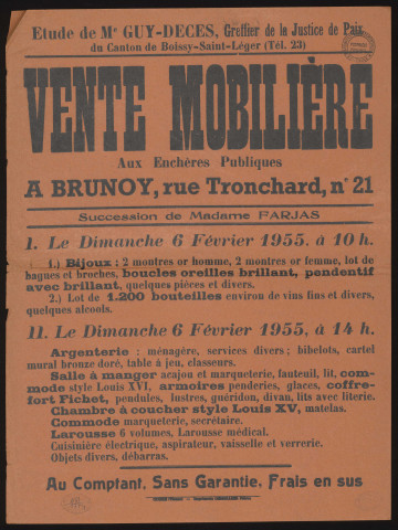 BRUNOY.- Vente aux enchères publiques de mobilier dépendant de la succession de Mme FARJAS, 6 février 1955. 