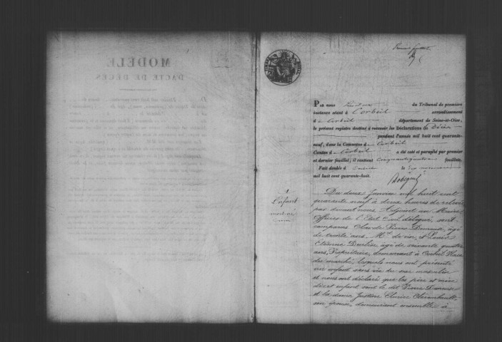CORBEIL. Décès : registre d'état civil (1849). 
