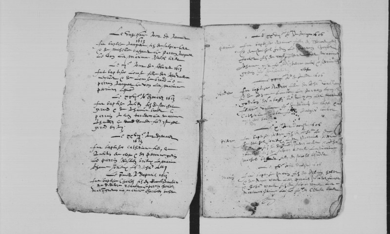 BREUILLET.- Paroisse Saint-Pierre : Baptêmes, mariages, sépultures : registre paroissial (1606-1617, 1696-1716). [Lacunes : baptêmes (1611, 1614-1615)]. 