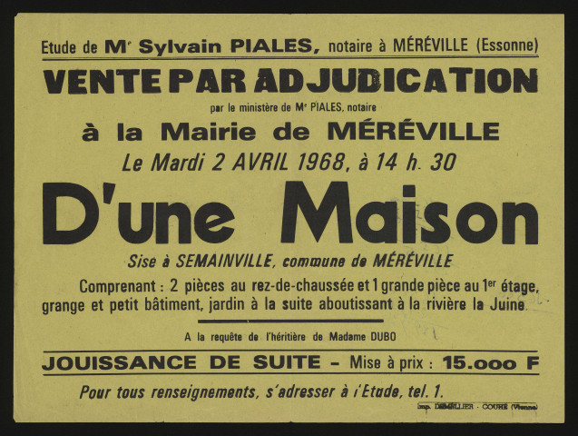 MEREVILLE. - Vente par adjudication d'une maison d'habitation avec dépendances et jardin, hameau de Semainville, 2 avril 1968. 