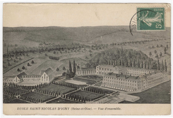 IGNY. - Etablissement Saint-Nicolas d'Igny. Ecole d'horticulture, vue d'ensemble (1914). 3 lignes, 5 c, ad, cote négatif 3B134/6 [carte d'après dessin]. 